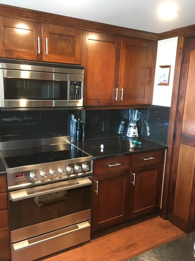 Black granite countertop and backsplash
